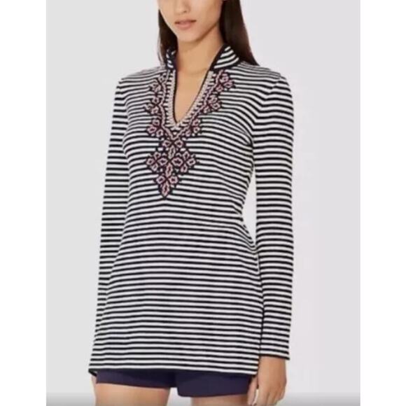 Tory Burch Nautical Resort Blue White Striped Cotton Tunic Medium Preppy Beach - Picture 1 of 8